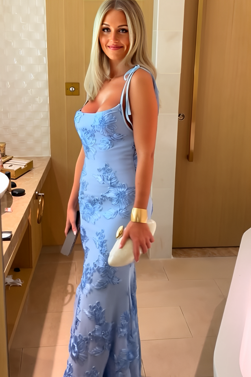 Blue Spaghetti Straps Square Appliques Prom Dress