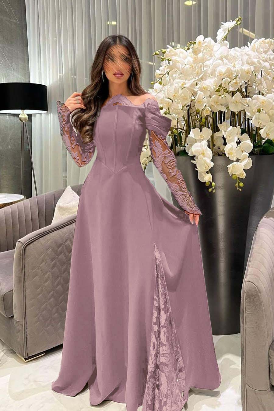 Off the Shoulder Long Sleeves Long Prom Dress With Appliques