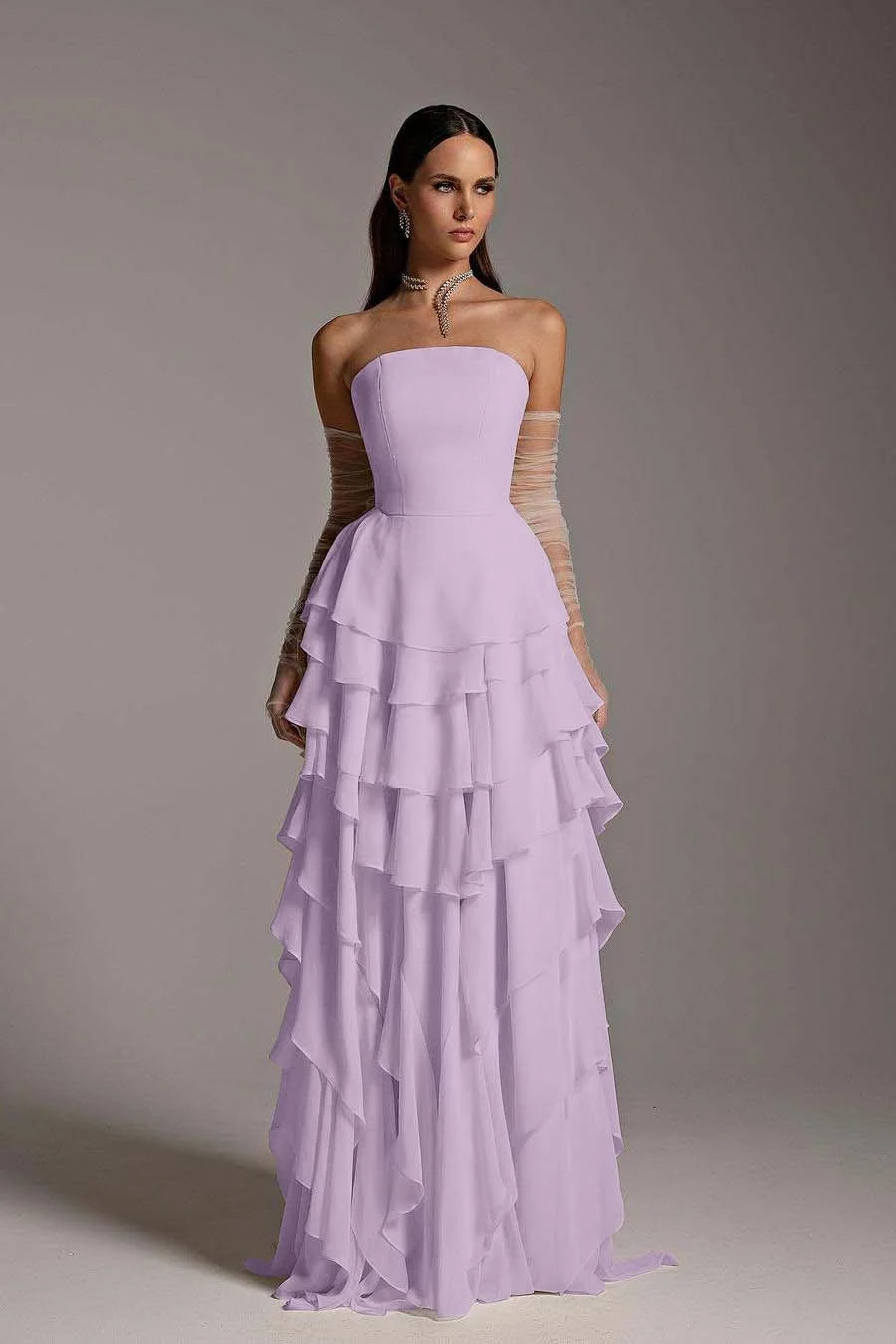 Chiffon Strapless Ruffles Elegant Prom Dress With Tulle Gloves