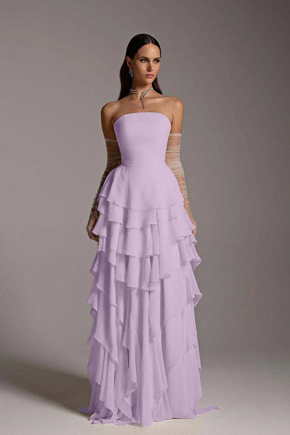 Chiffon Strapless Ruffles Elegant Prom Dress With Tulle Gloves