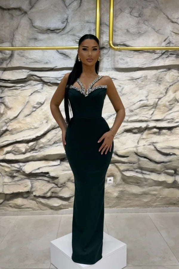 Dark Green Beaded Slim Fit Prom Dress