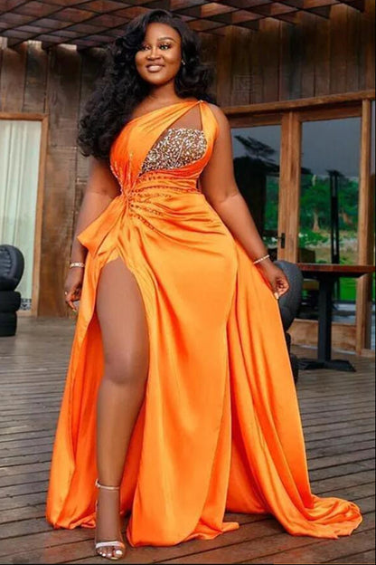 Orange One Shoulder High Split Prom Dress