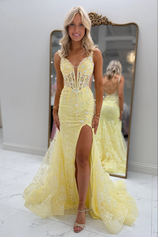 Cute Mermaid V Neck Daffodil Lace Long Prom Dress
