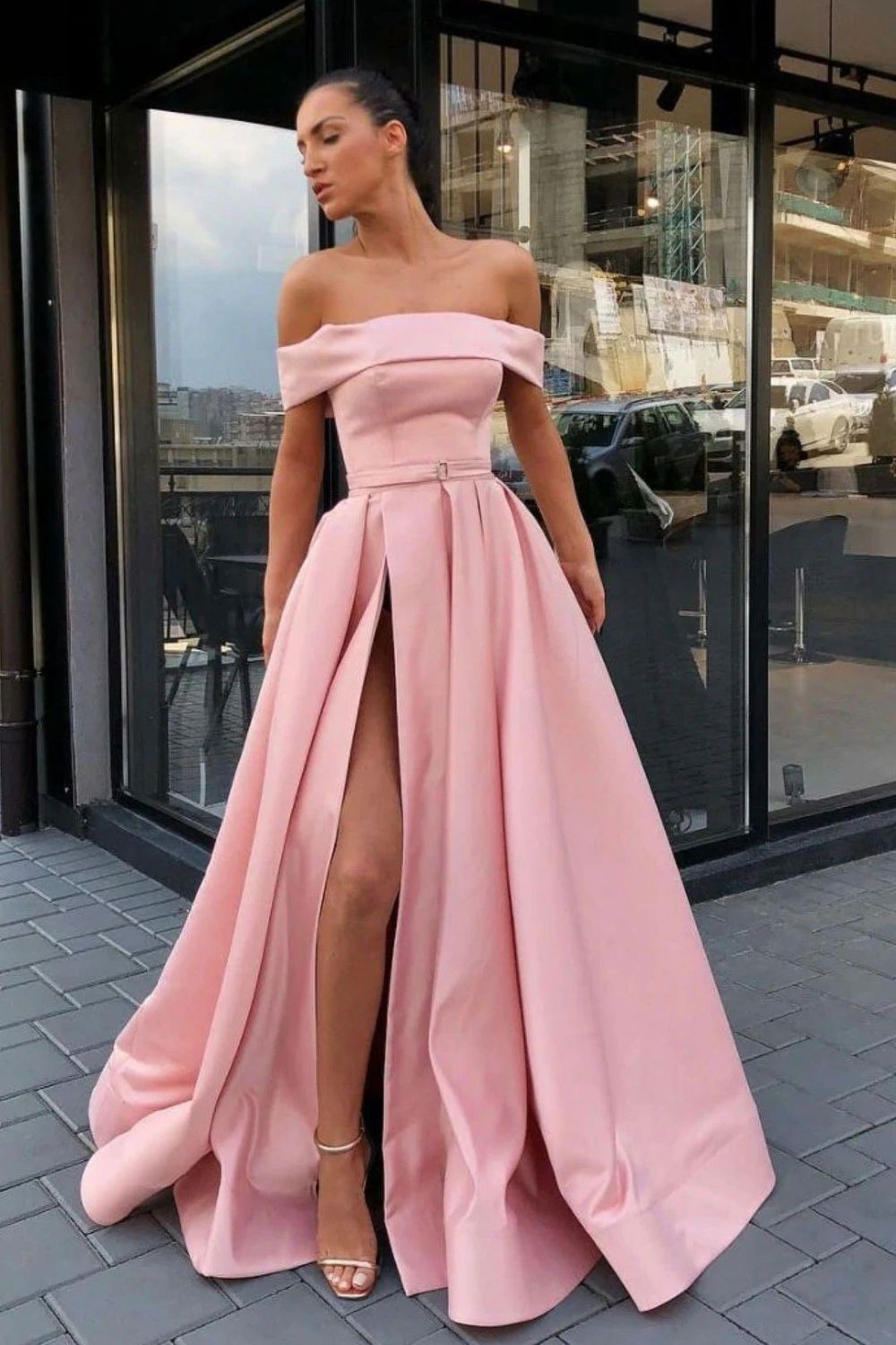 Charming A Line Off the Shoulder Pink Long Prom Dress with Slit