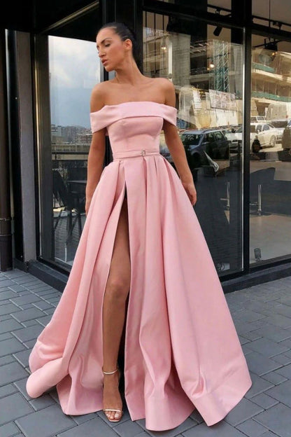 Charming A Line Off the Shoulder Pink Long Prom Dress with Slit