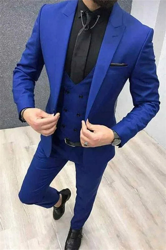 Royal Blue Peak Lapel Fashion Slim Fit Wedding Three Pieces Tux Ideas