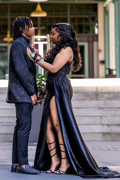 Classic Black One Shoulder Side Slit Prom Dress with Beadings