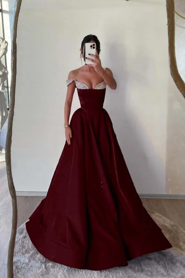 Red Formal A-Line Beaded Double Straps Prom Dress