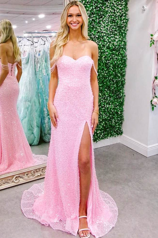 Mermaid Off the Shoulder Pink Sequins Long Prom Dress