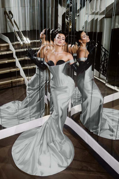 Strapless Sleeveless Long Mermaid Prom Dress With Pleated Gloves