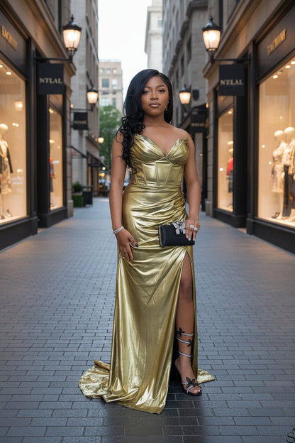 Simple Gold Sweetheart Ruffles Side Slit prom Dress