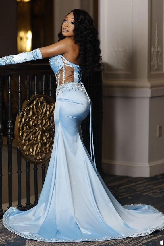 Blue Sweetheart Lace-Up Mermaid Crystal Prom Dress
