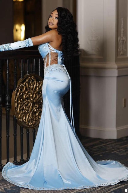 Blue Sweetheart Lace-Up Mermaid Crystal Prom Dress