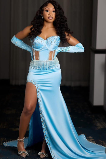 Blue Sweetheart Lace-Up Mermaid Crystal Prom Dress