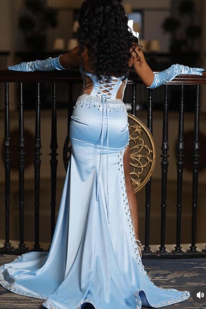 Blue Sweetheart Lace-Up Mermaid Crystal Prom Dress
