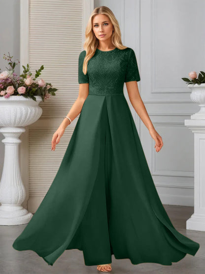 Jumpsuits Illusion Scoop Floor-Length Lace Chiffon Evening Dress With Overskirt Sequins