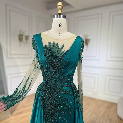 Luxury Dubai Green Mermaid Lace Beaded Satin Evening Dresses Formal Gowns