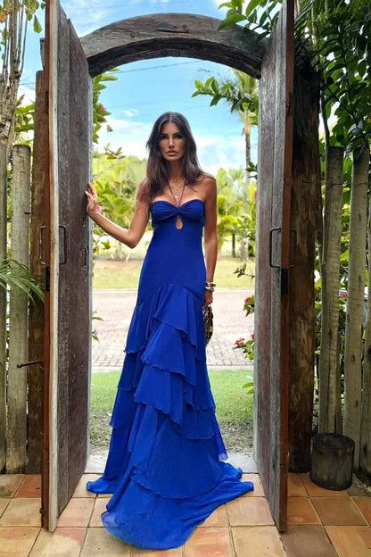 Royal Blue Sweetheart Halter Chiffon Ruffles Prom Dress ZT0682