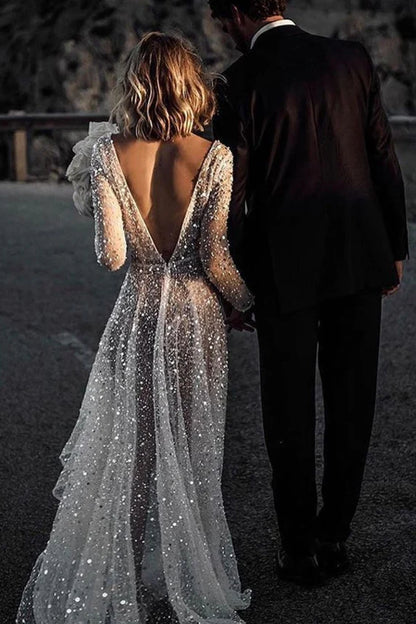 Long Sleeves A-Line Sequins Wedding Dress