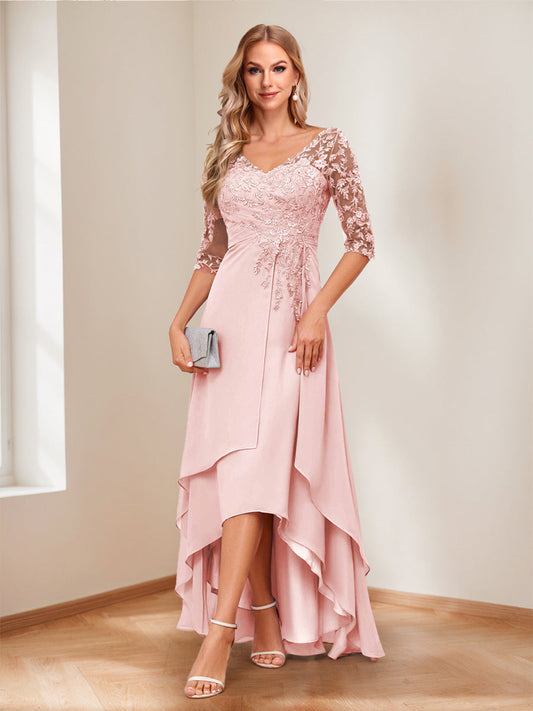 A-Line V-Neck Half Sleeves Asymmetrical Mother of the Bride Dress