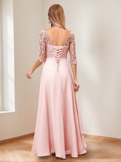 A-Line V-Neck Half Sleeves Asymmetrical Mother of the Bride Dress