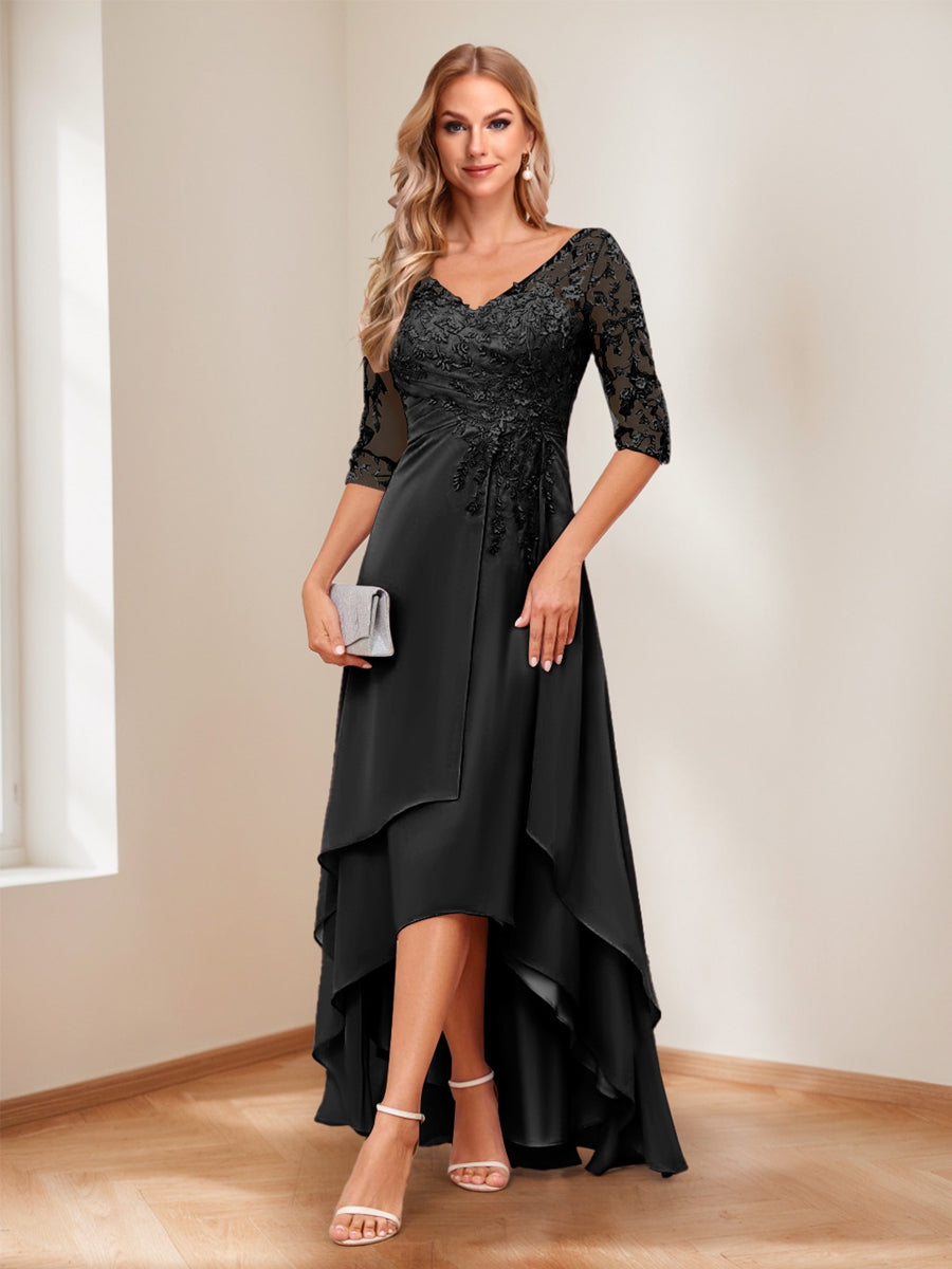 A-Line V-Neck Half Sleeves Asymmetrical Mother of the Bride Dress