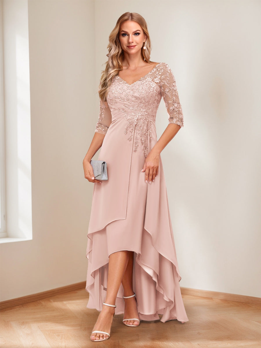 A-Line V-Neck Half Sleeves Asymmetrical Mother of the Bride Dress