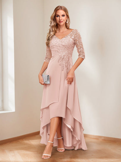 A-Line V-Neck Half Sleeves Asymmetrical Mother of the Bride Dress