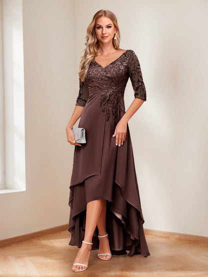 A-Line V-Neck Half Sleeves Asymmetrical Mother of the Bride Dress