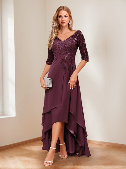A-Line V-Neck Half Sleeves Asymmetrical Mother of the Bride Dress