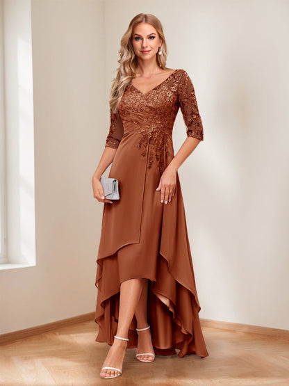 A-Line V-Neck Half Sleeves Asymmetrical Mother of the Bride Dress