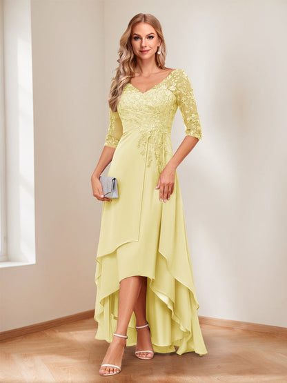 A-Line V-Neck Half Sleeves Asymmetrical Mother of the Bride Dress