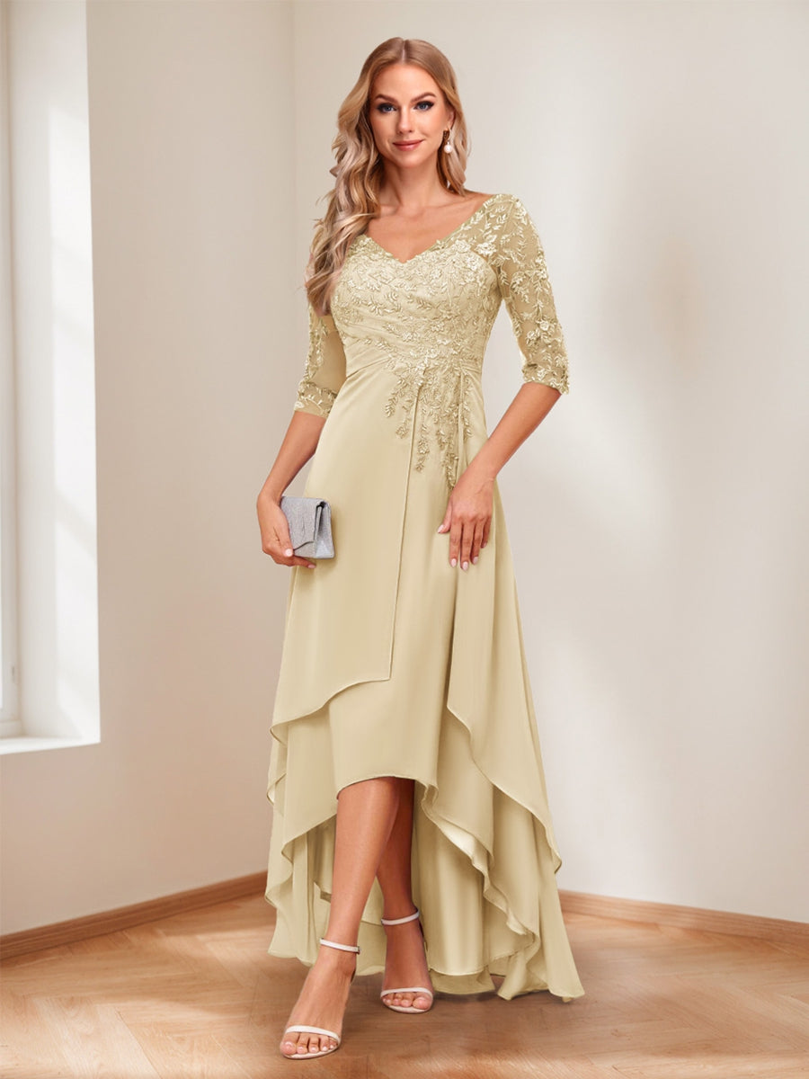 A-Line V-Neck Half Sleeves Asymmetrical Mother of the Bride Dress