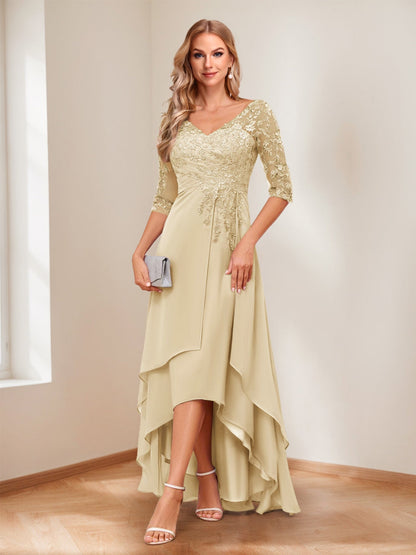 A-Line V-Neck Half Sleeves Asymmetrical Mother of the Bride Dress