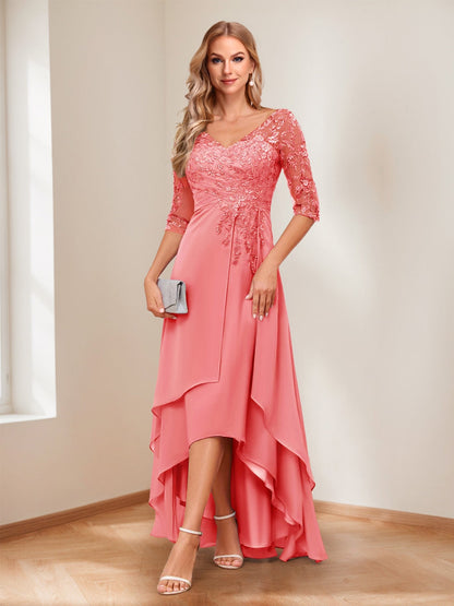 A-Line V-Neck Half Sleeves Asymmetrical Mother of the Bride Dress