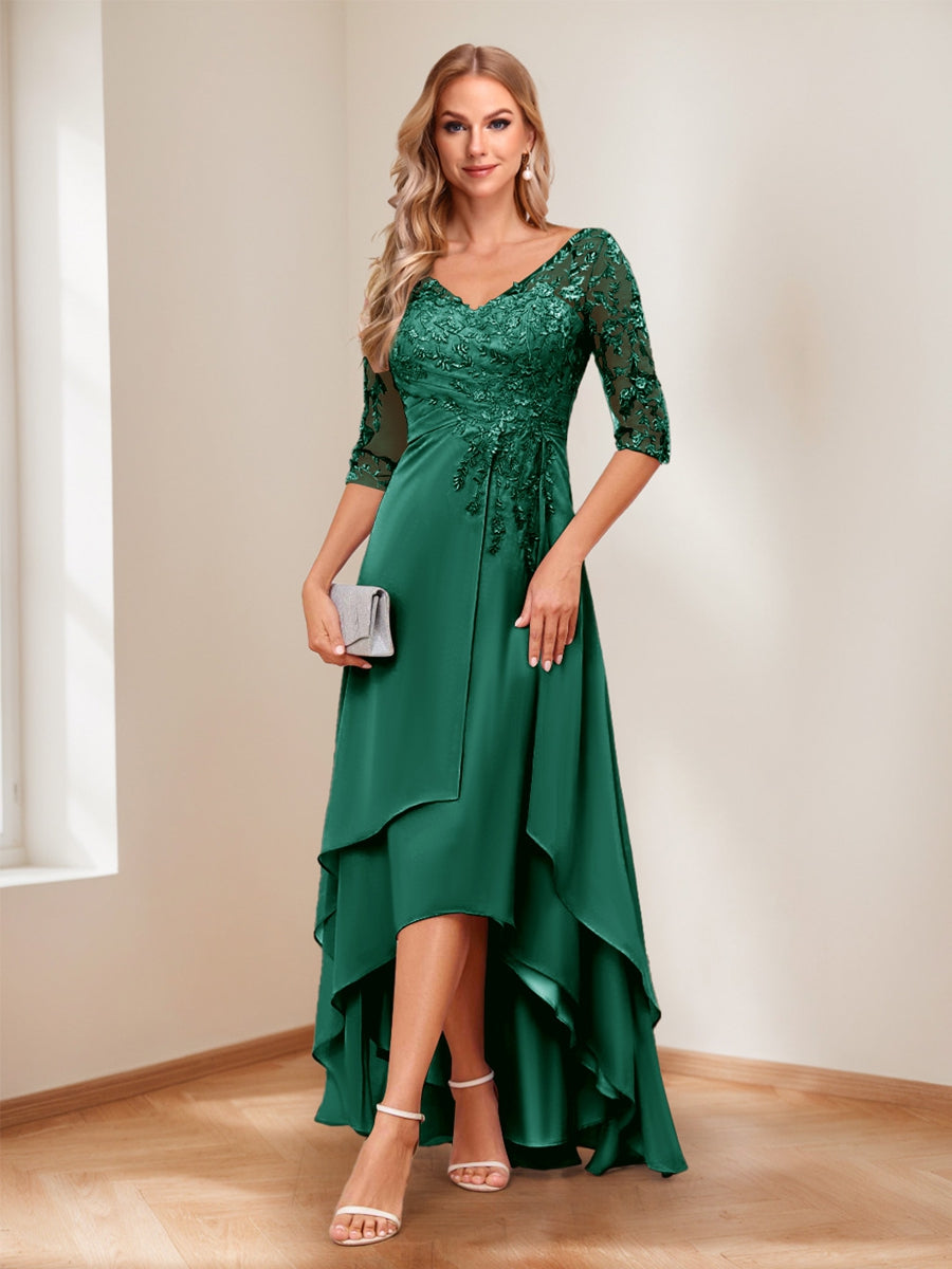 A-Line V-Neck Half Sleeves Asymmetrical Mother of the Bride Dress