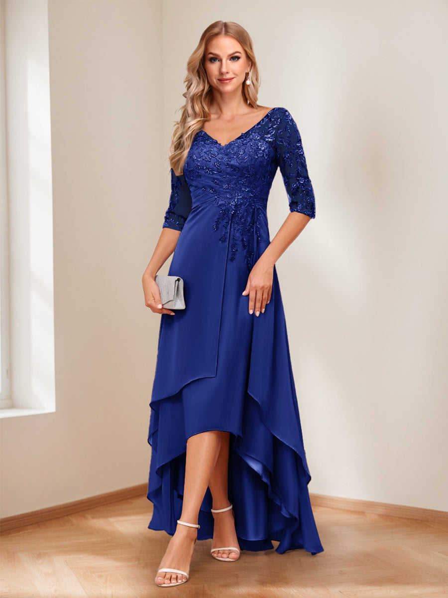 A-Line V-Neck Half Sleeves Asymmetrical Mother of the Bride Dress
