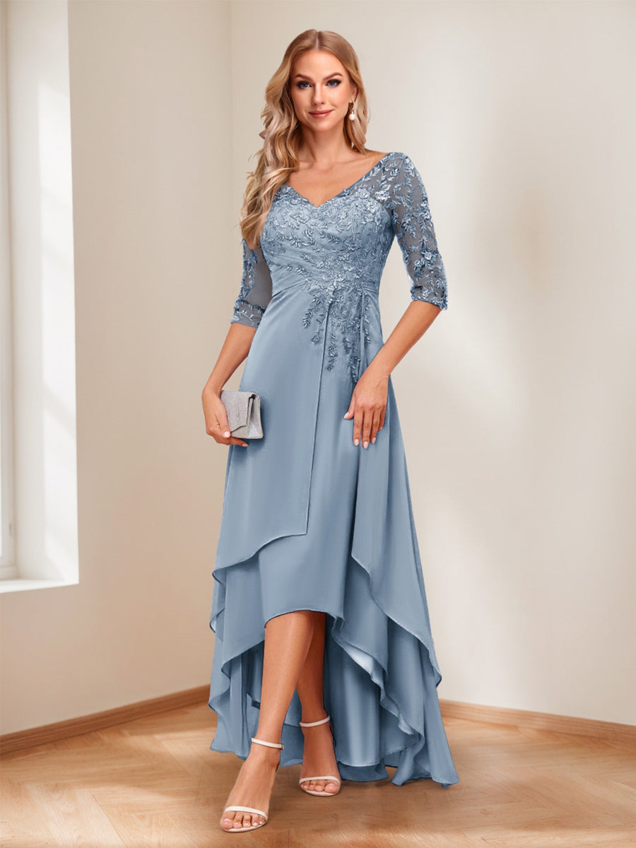A-Line V-Neck Half Sleeves Asymmetrical Mother of the Bride Dress