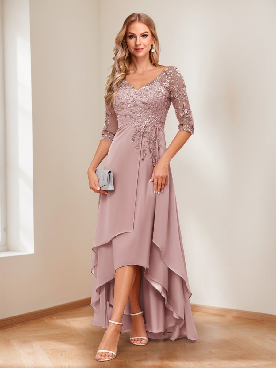 A-Line V-Neck Half Sleeves Asymmetrical Mother of the Bride Dress