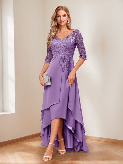 A-Line V-Neck Half Sleeves Asymmetrical Mother of the Bride Dress