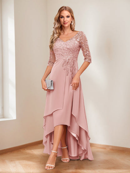 A-Line V-Neck Half Sleeves Asymmetrical Mother of the Bride Dress