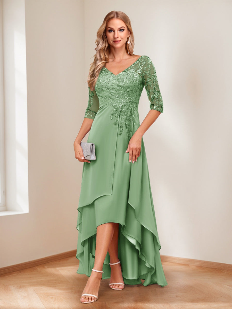 A-Line V-Neck Half Sleeves Asymmetrical Mother of the Bride Dress