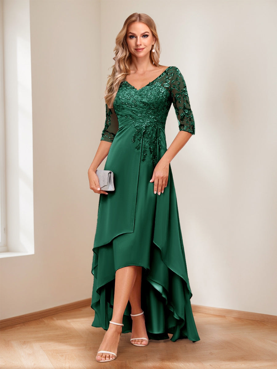 A-Line V-Neck Half Sleeves Asymmetrical Mother of the Bride Dress