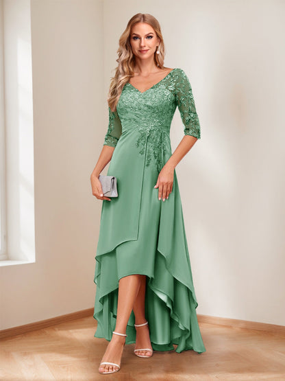 A-Line V-Neck Half Sleeves Asymmetrical Mother of the Bride Dress