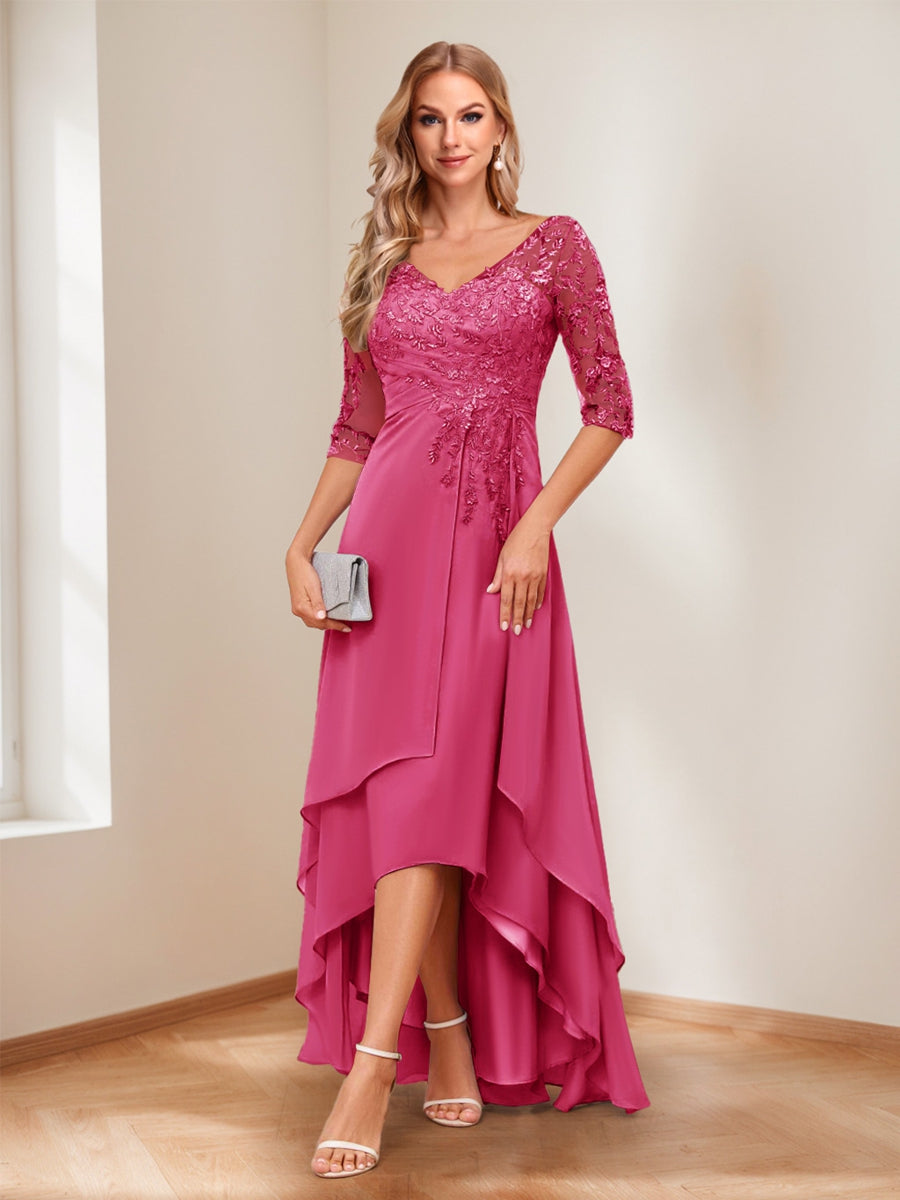 A-Line V-Neck Half Sleeves Asymmetrical Mother of the Bride Dress
