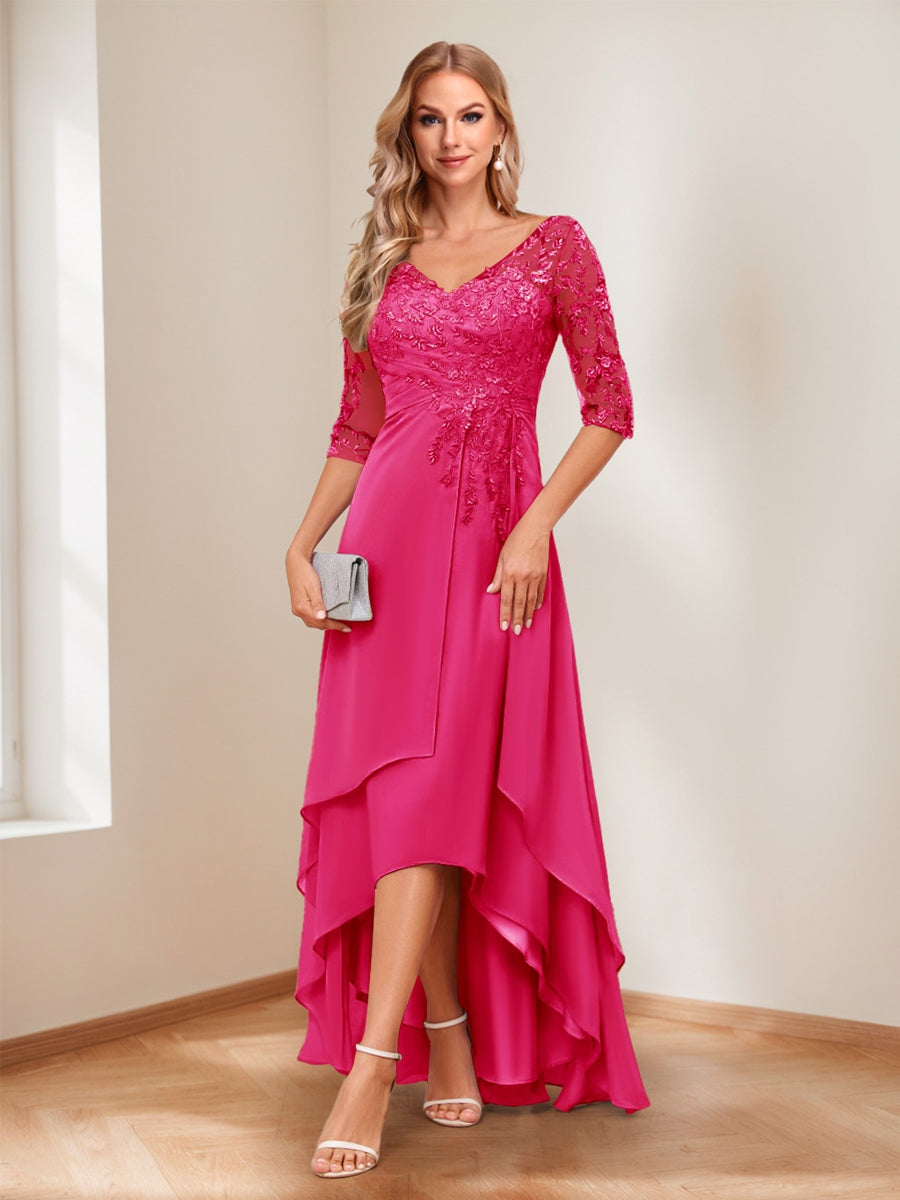 A-Line V-Neck Half Sleeves Asymmetrical Mother of the Bride Dress