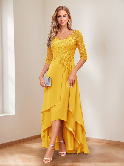 A-Line V-Neck Half Sleeves Asymmetrical Mother of the Bride Dress