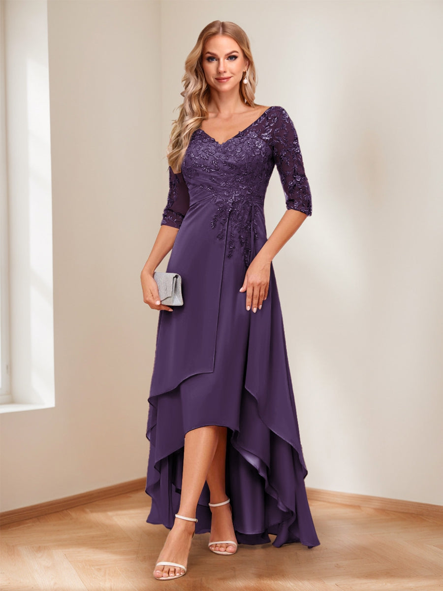 A-Line V-Neck Half Sleeves Asymmetrical Mother of the Bride Dress