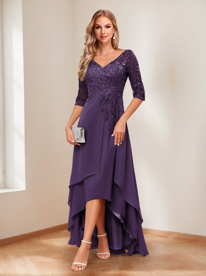 A-Line V-Neck Half Sleeves Asymmetrical Mother of the Bride Dress