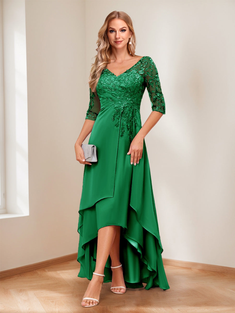 A-Line V-Neck Half Sleeves Asymmetrical Mother of the Bride Dress